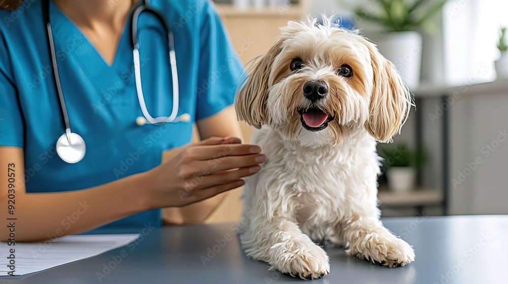 High angle, detailed view of vet and pet owner interaction during a consultation.
