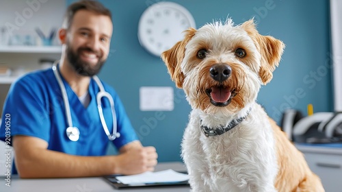 High angle, detailed view of vet and pet owner interaction during a consultation.