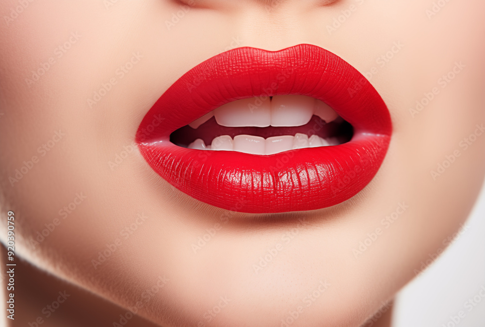 Close-up of a woman's red lips with tongue sticking out against a white background in a studio setting Close-up of a woman's red lips with tongue sticking out against a white background in a studio setting