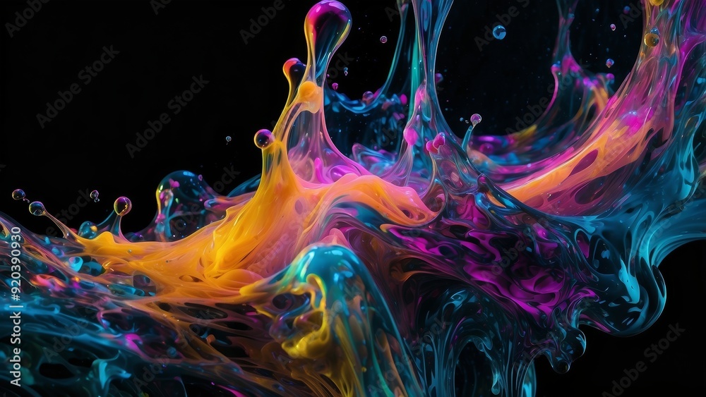 Obraz premium Abstract colorful liquid splash on black background. Perfect for design and art.