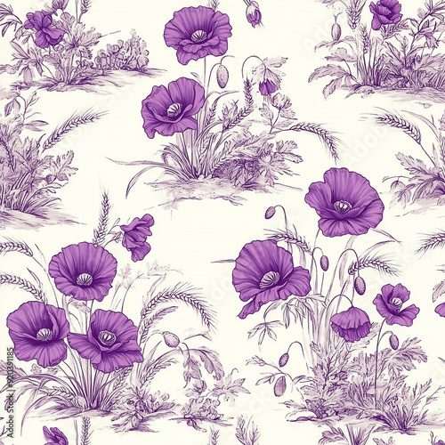 Motif répétitif (seamless pattern) floral avec fleurs de pavots, inspiration champêtre et cottagecore, pour impression textile ou papier, créations graphiques, motif de Jouy antique violet et blanc photo