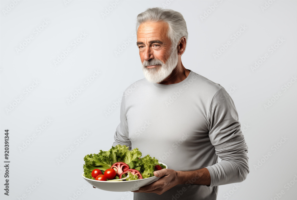Elderly man enjoying a healthy salad while dressed in athletic wear against a white background Elderly man enjoying a healthy salad while dressed in athletic wear against a white background