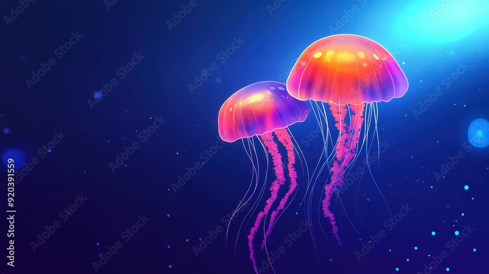 Explore the mesmerizing world of jellyfish as they float elegantly in a vibrant aquarium backdrop. Explore the mesmerizing world of jellyfish as they float elegantly in a vibrant aquarium backdrop.