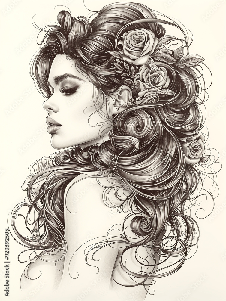 A woman with long hair and a rose on her head. The hair is curled and the woman has a pale face A woman with long hair and a rose on her head. The hair is curled and the woman has a pale face