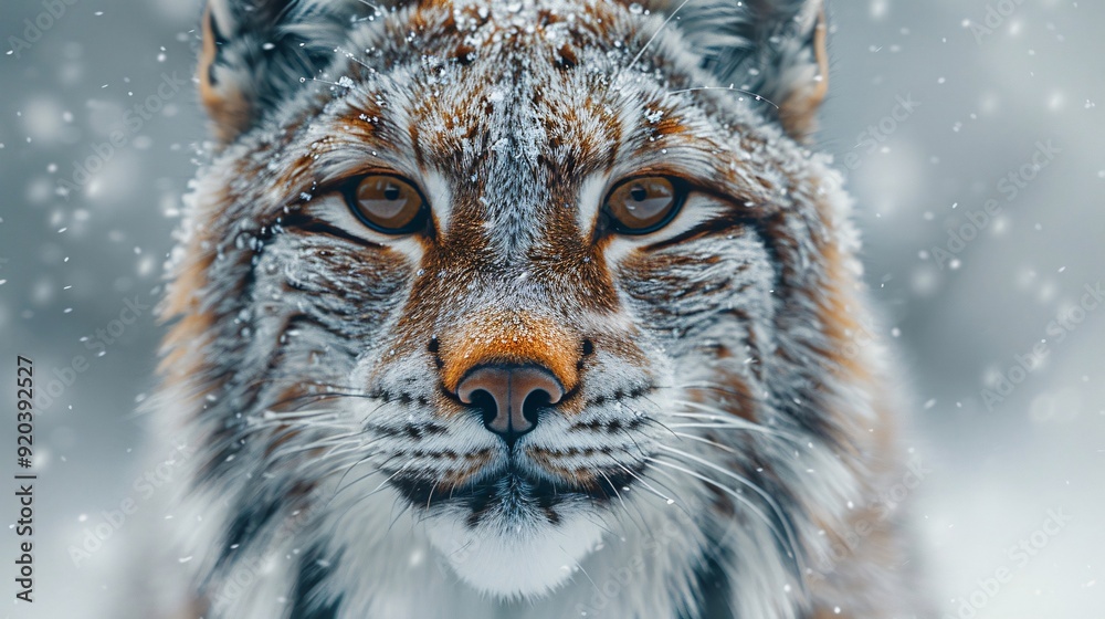 Lynx in a snowy forest with falling snowflakes, captured mid-motion, its sharp eyes focused forward, highlighting its beauty. Lynx in a snowy forest with falling snowflakes, captured mid-motion, its sharp eyes focused forward, highlighting its beauty.