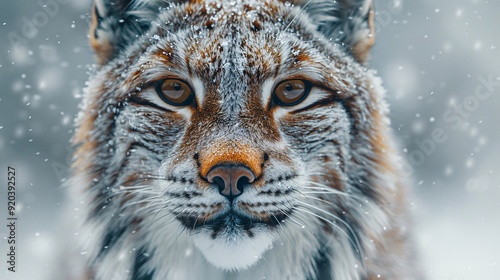 Lynx in a snowy forest with falling snowflakes, captured mid-motion, its sharp eyes focused forward, highlighting its beauty. photo