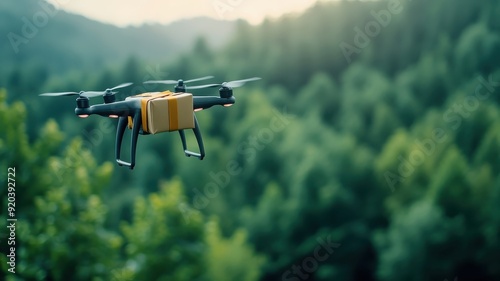 Drone carrying a package flying over a dense forest with a green canopy and dappled sunlight.