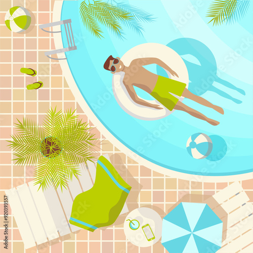 Summer vacation square illustration with a guy in a swimming pool dressed in a swimsuit and sunglasses