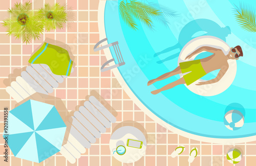 Summer vacation rectangular illustration with a guy in a swimming pool dressed in a swimsuit and sunglasses
