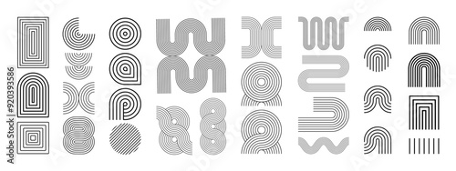 Line geometric arch and circle abstract shapes. Abstract linear geometric arch shape. Contemporary mid century line arch design set.