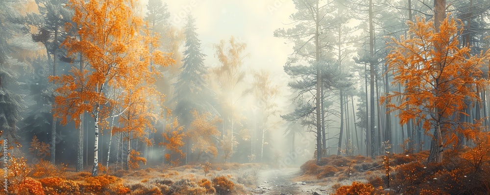 Misty forest path with autumn foliage and sunlight filtering through the trees