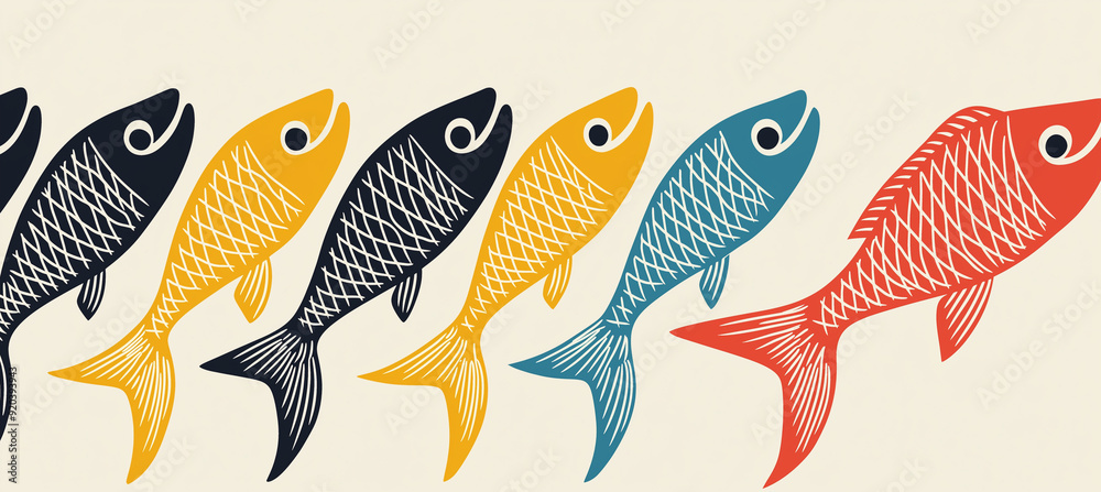 A colorful illustration of a set of fish swimming in a white background A colorful illustration of a set of fish swimming in a white background