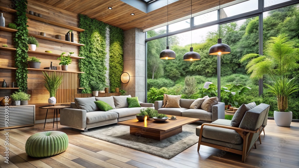 Modern eco-friendly living room with lush greenery, reclaimed wood accents, and sleek minimalist decor, blending nature and sophisticated architectural design elements seamlessly. Modern eco-friendly living room with lush greenery, reclaimed wood accents, and sleek minimalist decor, blending nature and sophisticated architectural design elements seamlessly.