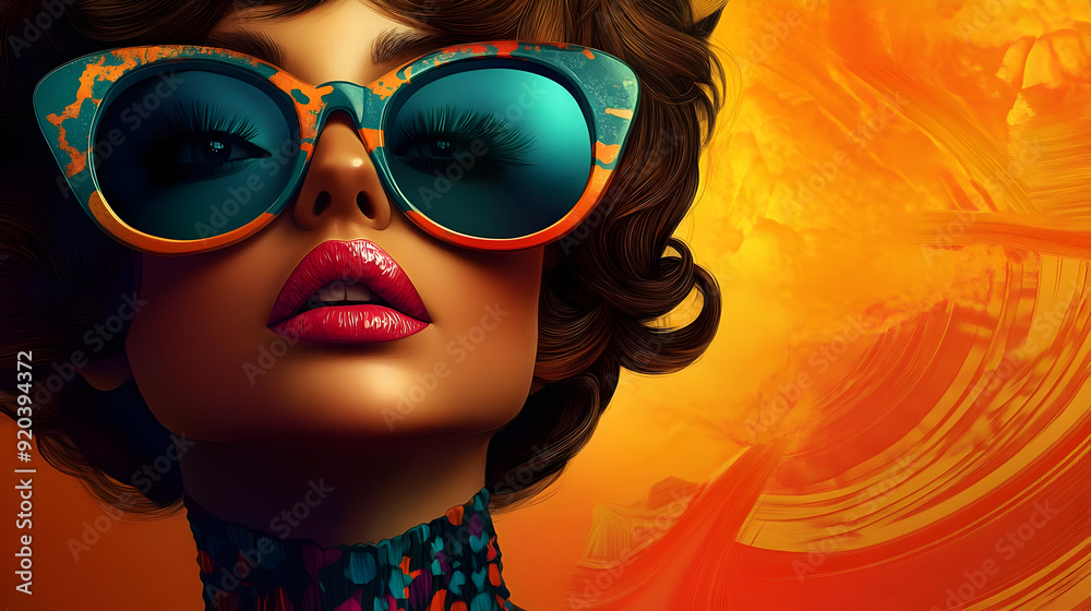 A stylized portrait of a woman with bold sunglasses and vibrant colors.