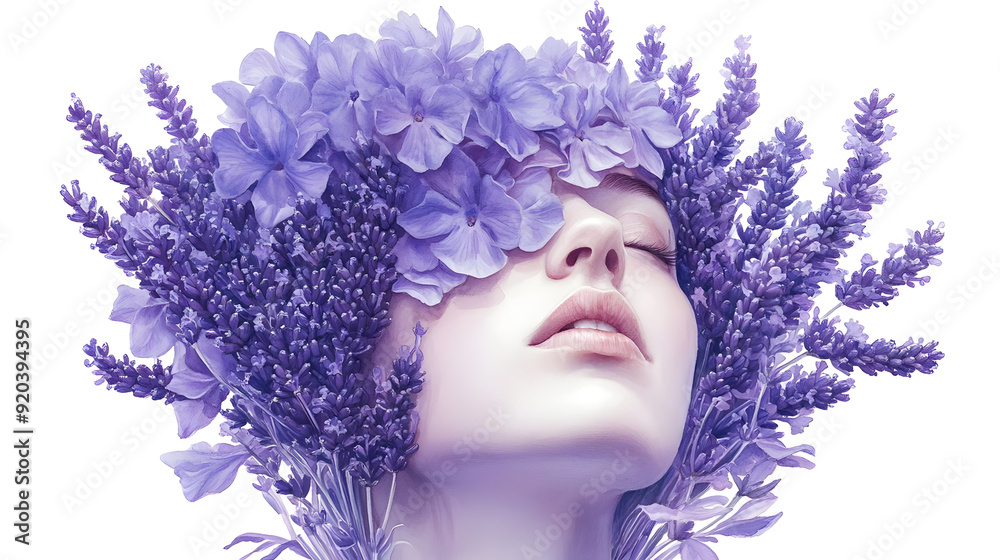 A serene portrait of a woman adorned with purple flowers, evoking tranquility and beauty. A serene portrait of a woman adorned with purple flowers, evoking tranquility and beauty.