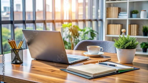 Modern laptop sits on organized office desk surrounded by papers, pens, and a cup of coffee, creating a productive and efficient workplace atmosphere.