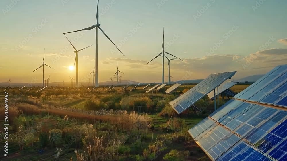 clean energy concept: wind turbine with solar panels and sunset
