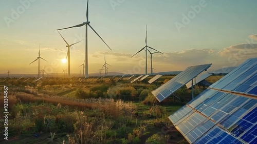 Wallpaper Mural clean energy concept: wind turbine with solar panels and sunset
 Torontodigital.ca