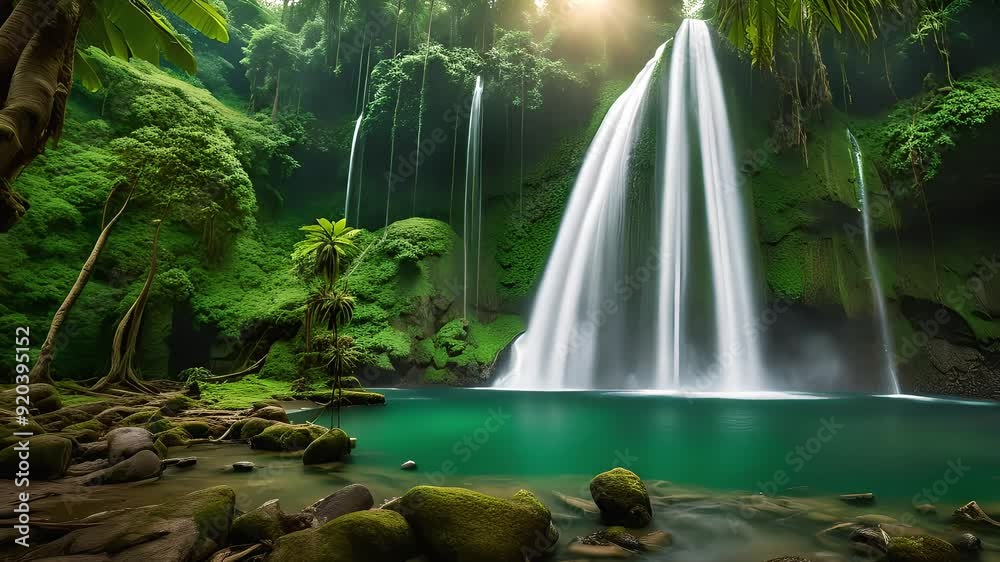 Lush Jungle with Towering Waterfall and Vibrant Colors Lush Jungle with Towering Waterfall and Vibrant Colors