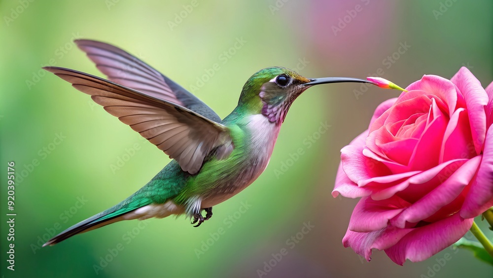 Fototapeta premium Ultra hd macro Colorful humming bird are flying near flowers and pecking at water droplets falling from beautiful wild flowers pollen. 