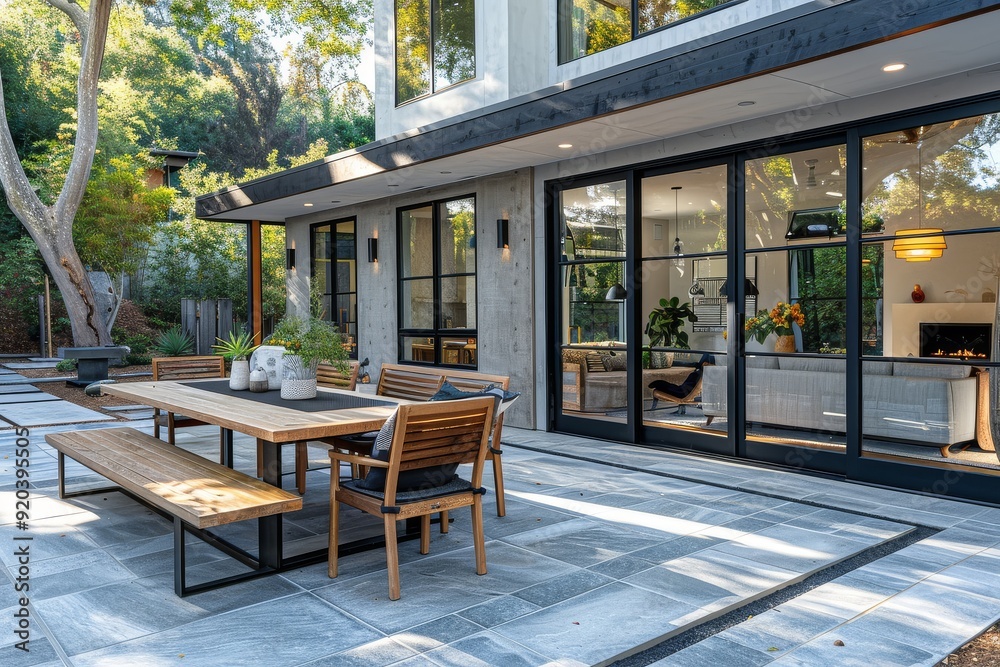 Modern farmhouse patio with grey stone pavers, black windows, wood furniture, teak dining table, bench seating, sliding glass doors to living room, neutral color scheme, natural lighting. Modern farmhouse patio with grey stone pavers, black windows, wood furniture, teak dining table, bench seating, sliding glass doors to living room, neutral color scheme, natural lighting.