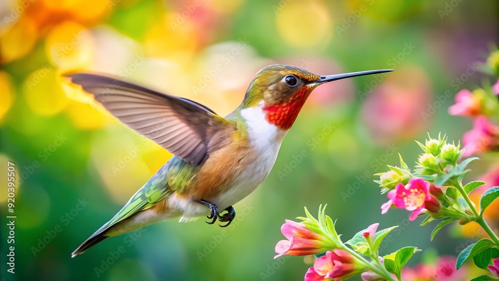 Fototapeta premium Ultra hd macro Colorful humming bird are flying near flowers and pecking at water droplets falling from beautiful wild flowers pollen. 