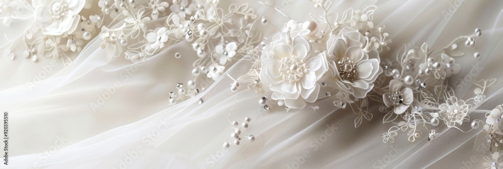 An exquisite wedding dress with delicate fabric, adorned with intricate floral designs and elegant embellishments An exquisite wedding dress with delicate fabric, adorned with intricate floral designs and elegant embellishments
