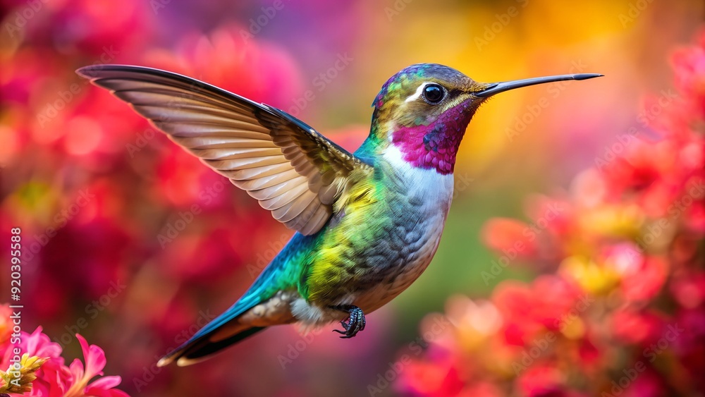 Ultra hd macro Colorful humming bird are flying near flowers and pecking at water droplets falling from beautiful wild flowers pollen.
Ultra hd macro Colorful humming bird are flying near flowers and pecking at water droplets falling from beautiful wild flowers pollen.