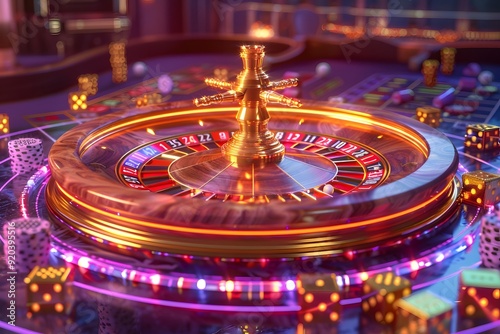 Vibrant Casino Scene Featuring a Roulette Wheel and Colorful Dice