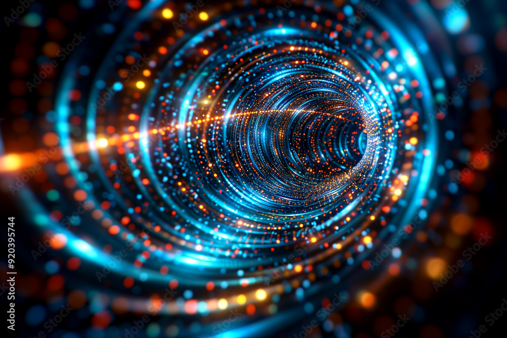 A spiral of light and color with a blue center. The spiral is surrounded by a dark background A spiral of light and color with a blue center. The spiral is surrounded by a dark background