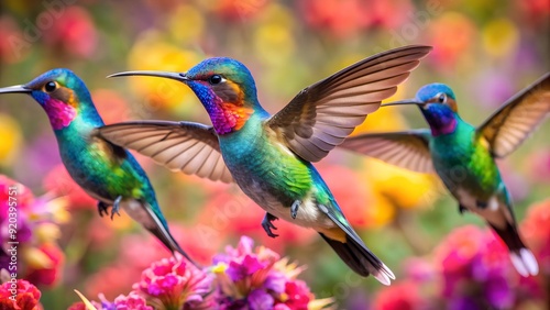 Ultra hd macro Colorful humming bird are flying near flowers and pecking at water droplets falling from beautiful wild flowers pollen. 