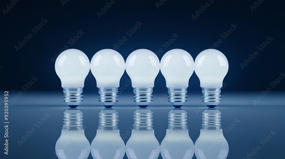 semi close-up of LED light bulbs arranged on a reflective surface, emitting a soft glow, cool-toned lighting, slightly overhead angle, showcasing energy-efficient technology, copy space for text, semi close-up of LED light bulbs arranged on a reflective surface, emitting a soft glow, cool-toned lighting, slightly overhead angle, showcasing energy-efficient technology, copy space for text,