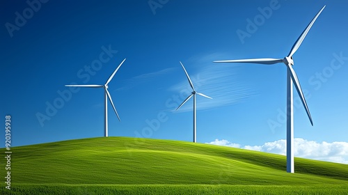 semi close-up of wind turbines on a hillside during a clear day, rotating gracefully against a deep blue sky, green grass in the foreground, low angle shot, emphasis on clean energy production, copy