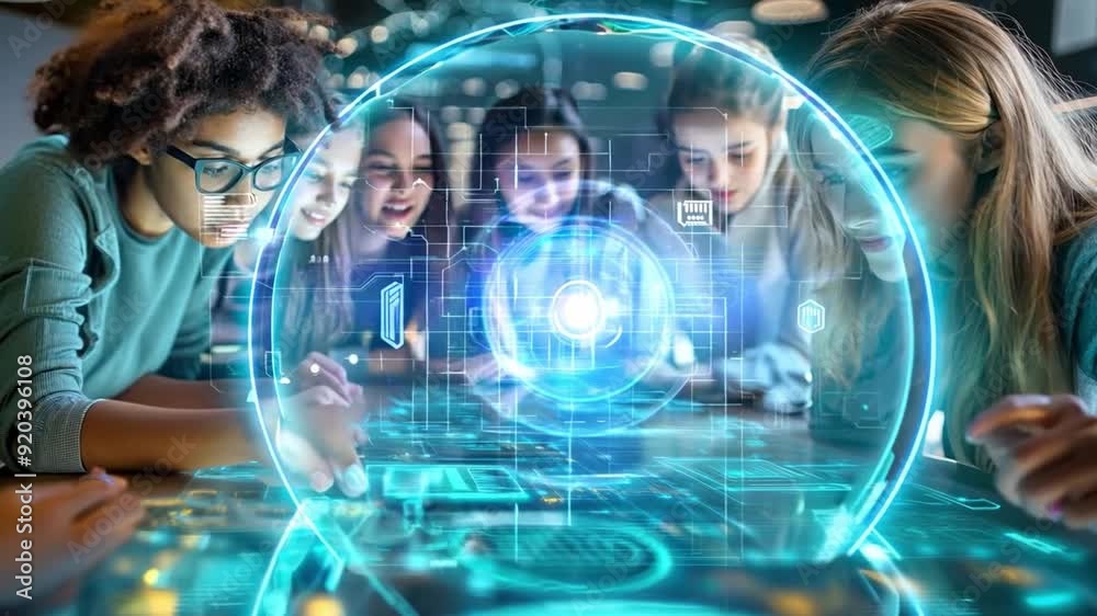 A group of high school students use AI-powered educational apps and digital devices, demonstrating the future of education and the efficiency of the learning process.