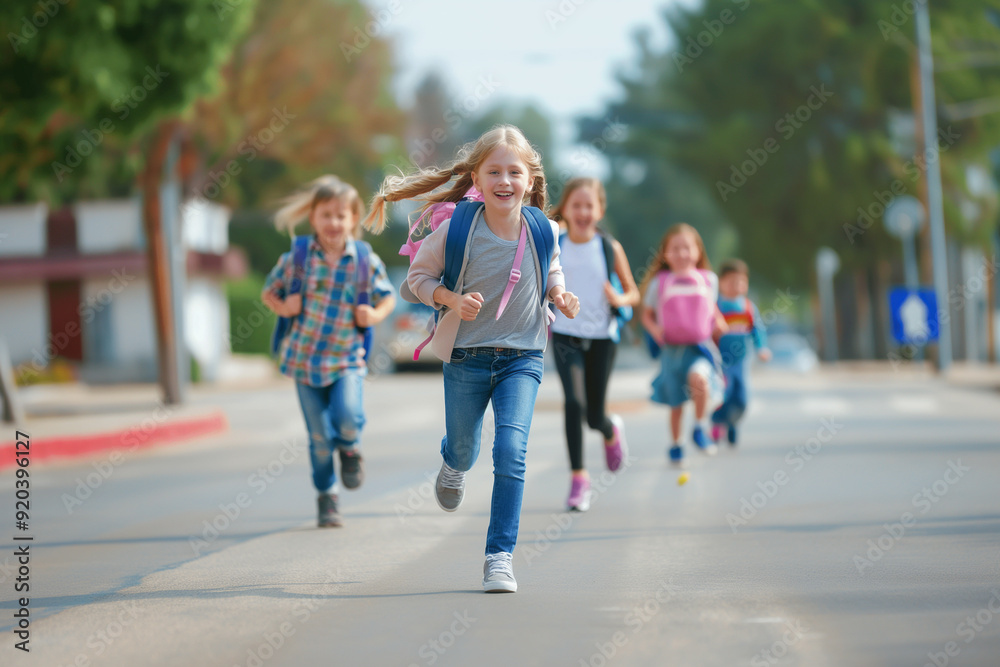 Cheerful children running joyfully on the pathway to school during a sunny morning Cheerful children running joyfully on the pathway to school during a sunny morning