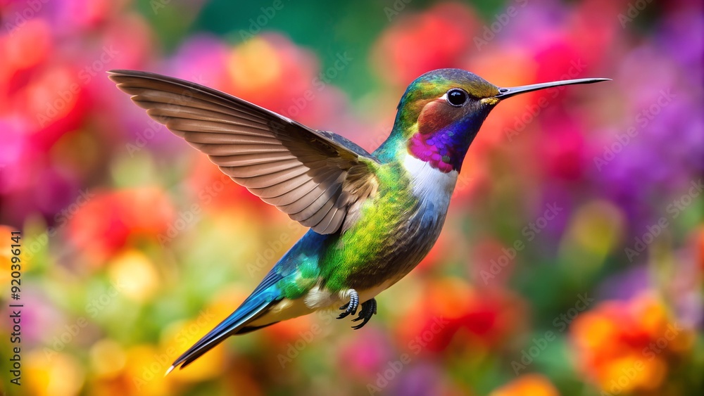 Fototapeta premium Ultra hd macro Colorful humming bird are flying near flowers and pecking at water droplets falling from beautiful wild flowers pollen. 