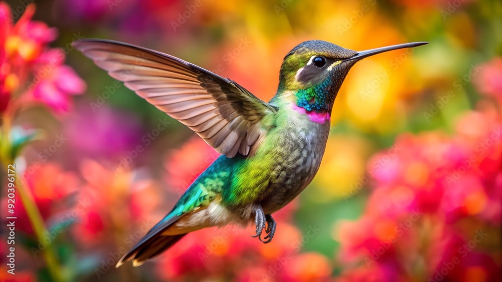 Ultra hd macro Colorful humming bird are flying near flowers and pecking at water droplets falling from beautiful wild flowers pollen.
Ultra hd macro Colorful humming bird are flying near flowers and pecking at water droplets falling from beautiful wild flowers pollen.