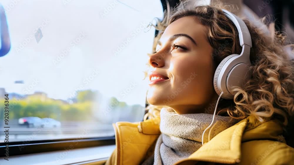Attractive woman wearing headphones listening to music and traveling by train