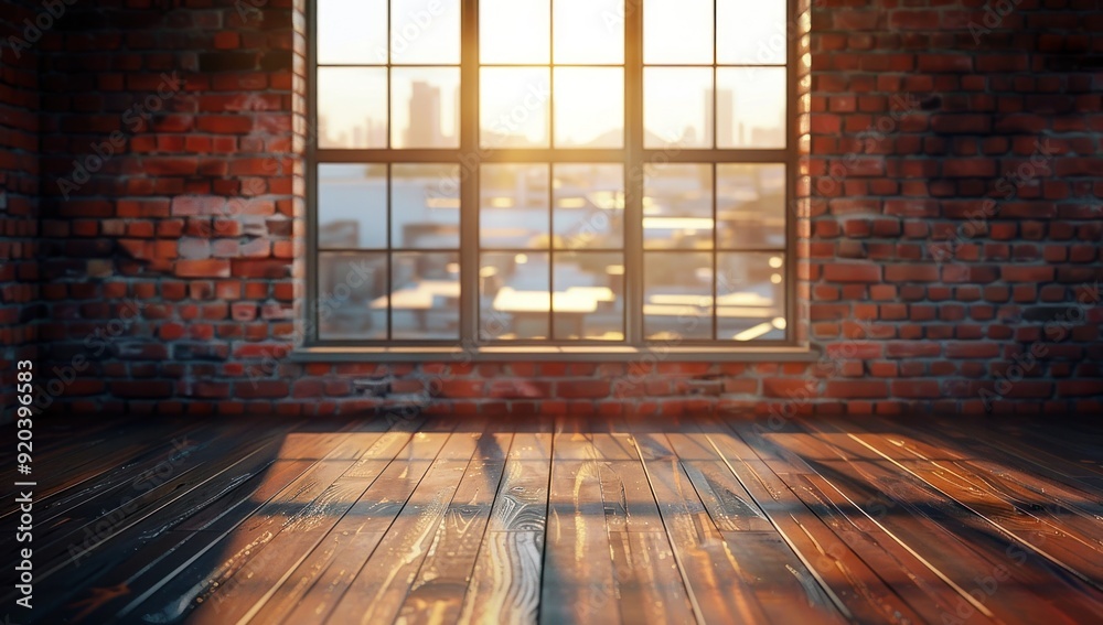 Une grande pièce vide avec un sol en bois et un mur en briques avec des fenêtres avec vue sur le paysage urbain. L'intérieur est éclairé par la lumière naturelle créant une atmosphère de tranquillité. Une grande pièce vide avec un sol en bois et un mur en briques avec des fenêtres avec vue sur le paysage urbain. L'intérieur est éclairé par la lumière naturelle créant une atmosphère de tranquillité.