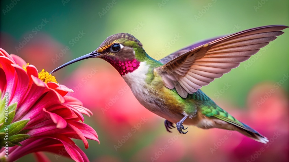 Fototapeta premium Ultra hd macro Colorful humming bird are flying near flowers and pecking at water droplets falling from beautiful wild flowers pollen. 