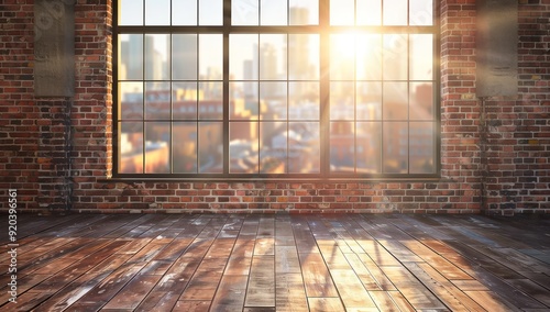 Wallpaper Mural Une grande pièce vide avec un sol en bois et un mur en briques avec des fenêtres avec vue sur le paysage urbain. L'intérieur est éclairé par la lumière naturelle créant une atmosphère de tranquillité. Torontodigital.ca