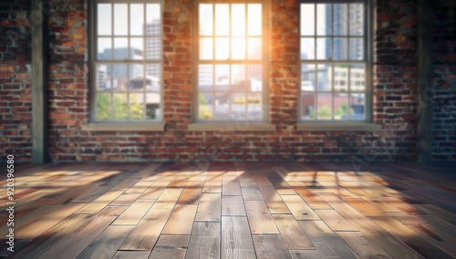 Wallpaper Mural Une grande pièce vide avec un sol en bois et un mur en briques avec des fenêtres avec vue sur le paysage urbain. L'intérieur est éclairé par la lumière naturelle créant une atmosphère de tranquillité. Torontodigital.ca