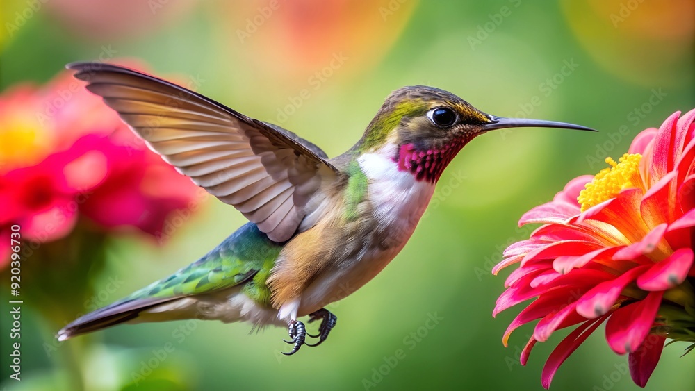 Fototapeta premium Ultra hd macro Colorful humming bird are flying near flowers and pecking at water droplets falling from beautiful wild flowers pollen. 