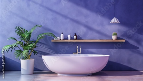 Salle de bain minimaliste moderne avec une baignoire autoportante et une étagère en bois sur un mur bleu, concept de décoration d'intérieur. photo