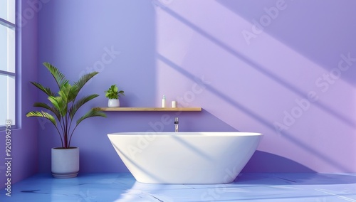 Salle de bain minimaliste moderne avec une baignoire autoportante et une étagère en bois sur un mur violet, concept de décoration d'intérieur. photo