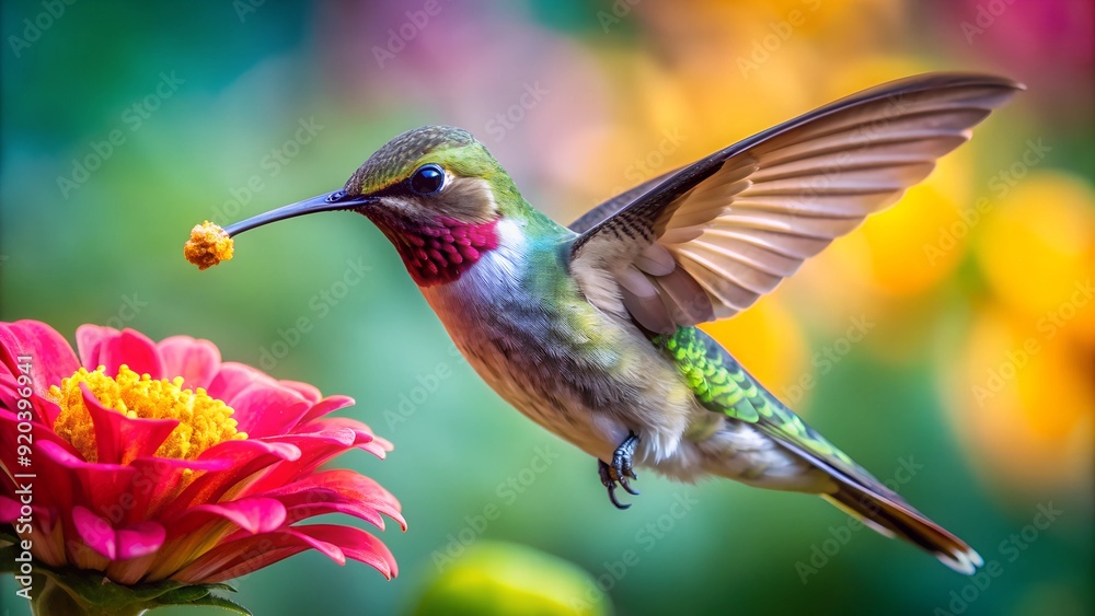 Fototapeta premium Ultra hd macro Colorful humming bird are flying near flowers and pecking at water droplets falling from beautiful wild flowers pollen. 