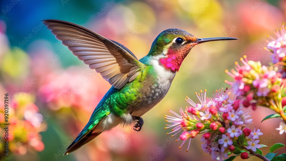 Fototapeta premium Ultra hd macro Colorful humming bird are flying near flowers and pecking at water droplets falling from beautiful wild flowers pollen.