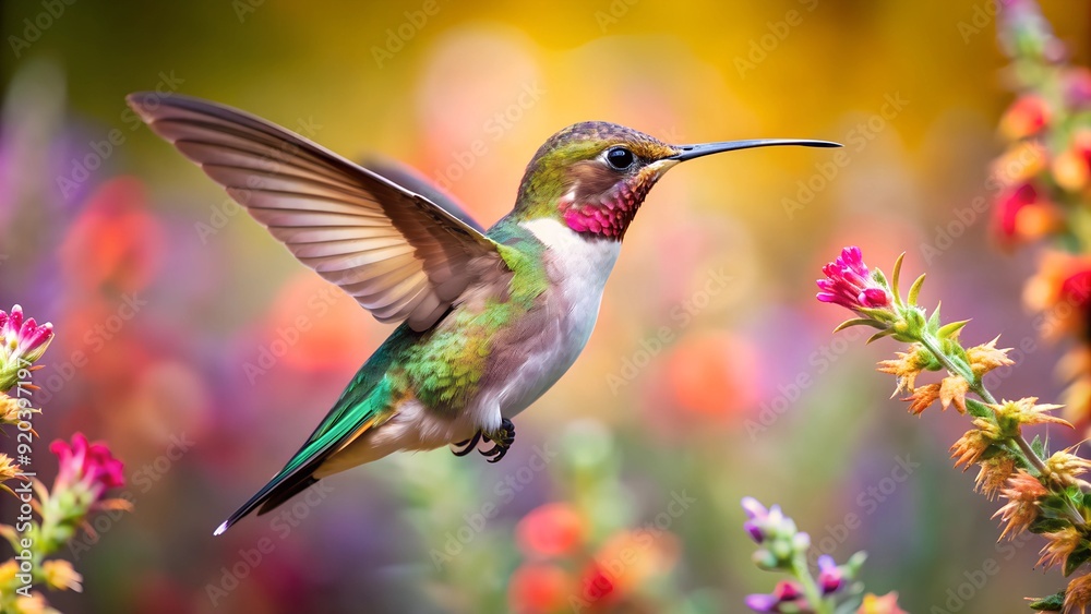 Fototapeta premium Ultra hd macro Colorful humming bird are flying near flowers and pecking at water droplets falling from beautiful wild flowers pollen. 