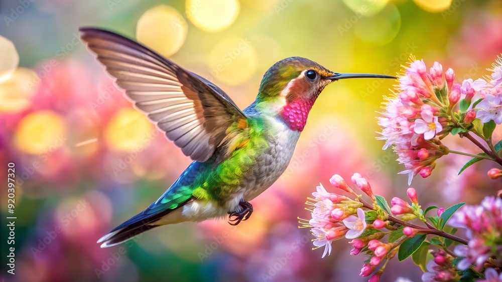 Fototapeta premium Ultra hd macro Colorful humming bird are flying near flowers and pecking at water droplets falling from beautiful wild flowers pollen.