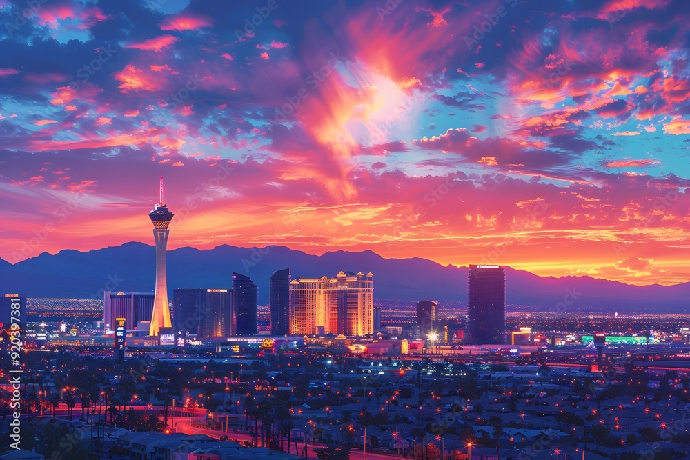 Fototapeta premium Stunning Sunset Over Las Vegas: A Vibrant Cityscape